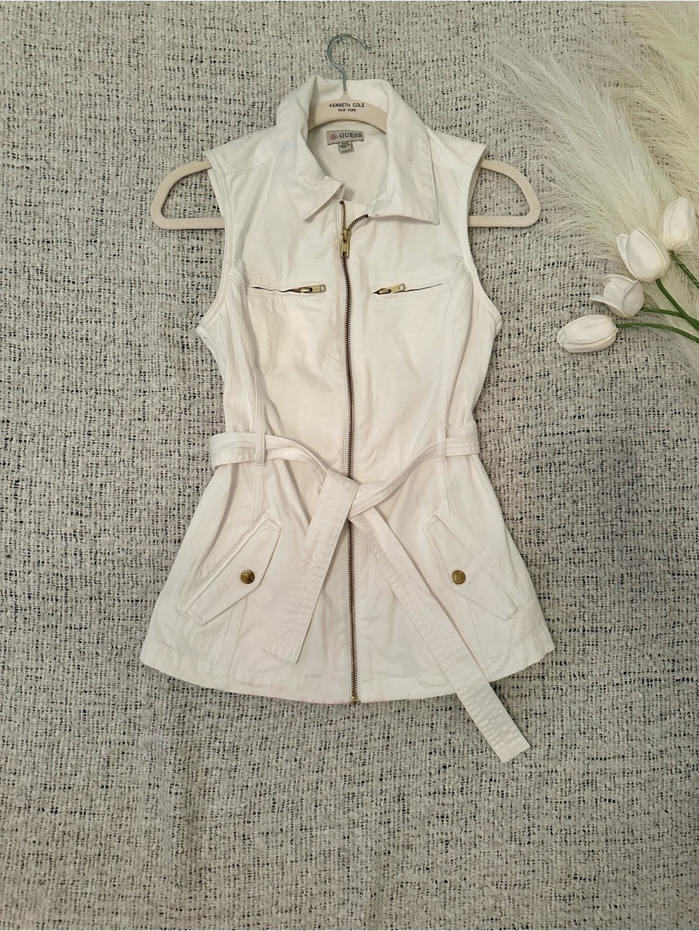Guess Cream Sleeveless Belted Utility Vest with Gold Hardware